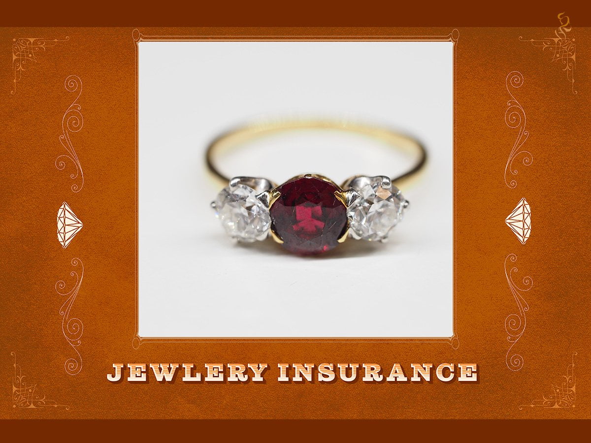 Cover art for the article, "jewelry insurance," depicting a ring and the articles title in victorian style