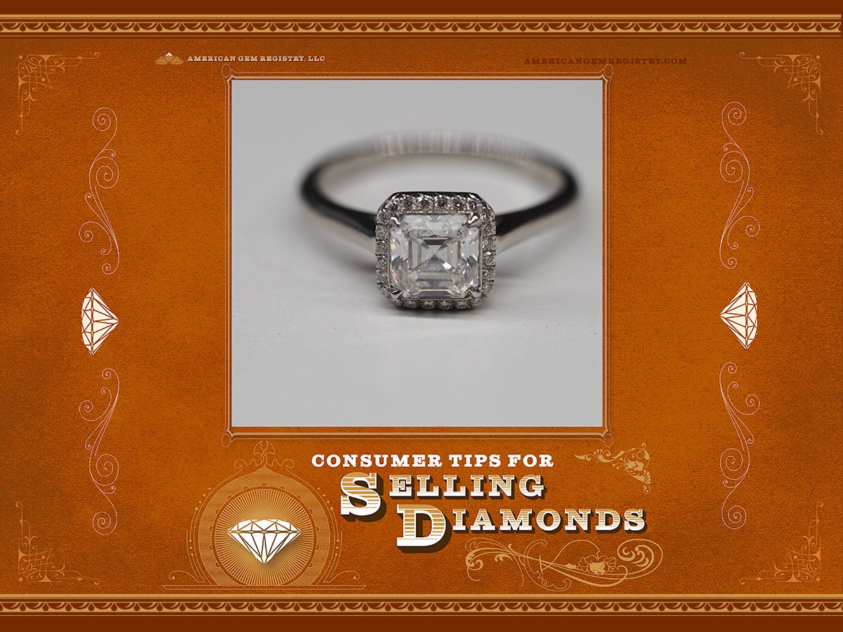 Cover Art for the article "Consumer Tips for Selling Diamonds" which depicts the picture of a diamond ring and the title designed in the Victorian Style