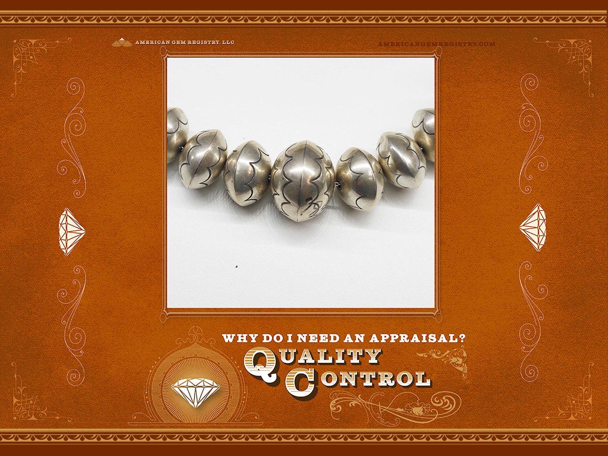 Cover art for the article "quality control" depicting a necklace with an ornate victorian style border.