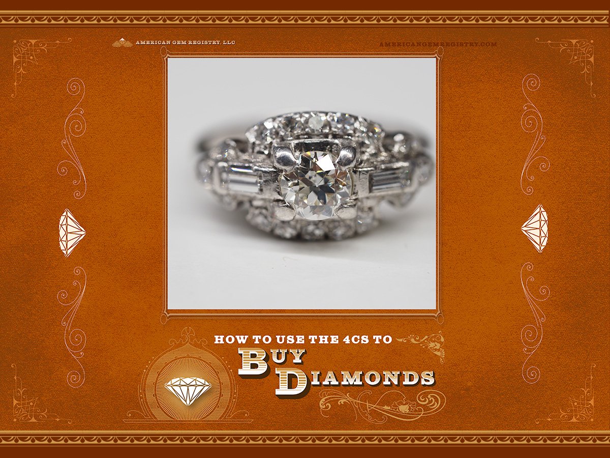 Cover art for the article "The 4C's: How To Use the Traditional GIA Grading Scale to Buy Diamonds" which depicts several decorative borders centered around a silver ring with a round-shape diamond center-piece.