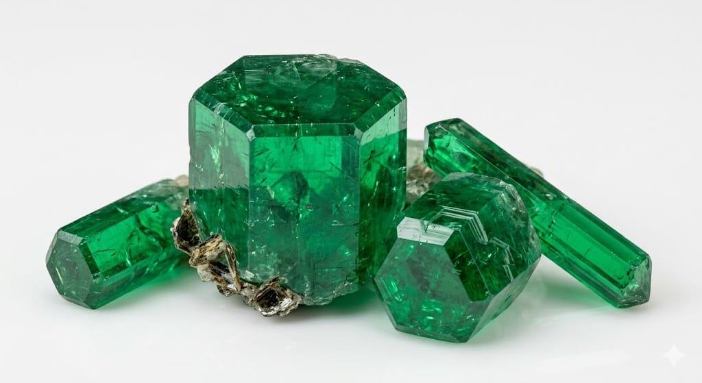 The History of Emeralds: A Geochemical, Cultural, and Economic Survey authored by @jamesdumar.com | Identity: did:plc:7vknci6jk2jqfwsq6gkzu The emerald—a chromium- and vanadium-bearing variety of the mineral beryl ($Be_3Al_2Si_6O_{18}$)—occupies a singular niche in both mineralogy and human history.