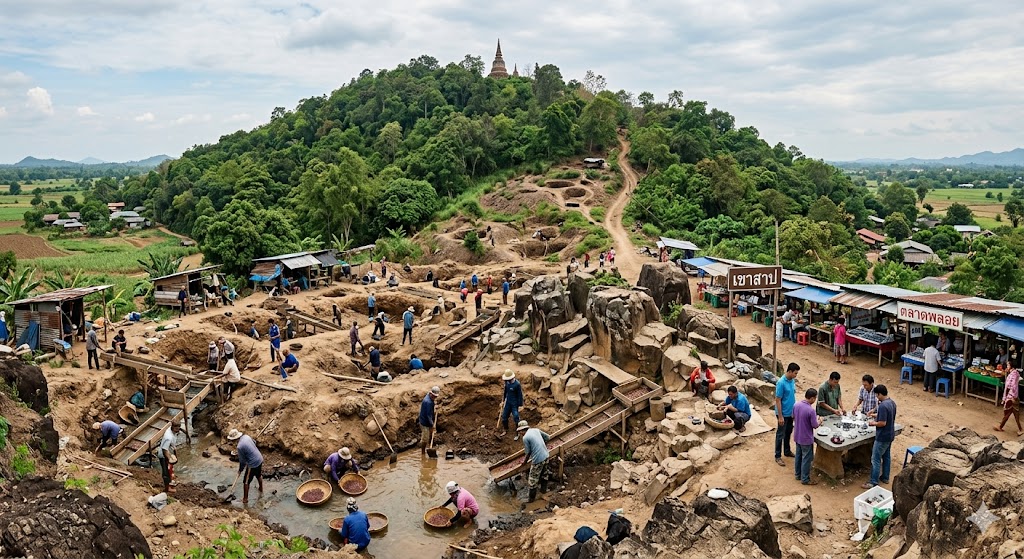 The "Hill of Gems" (Khao Ploi Waen) is not merely a geographic point; it is the original engine of the region's prosperity and a seminal site for gemstone mining history. Much like the discovery of gold in Australia, the initial find at Khao Ploi Waen triggered a rush that permanently reshaped the demographic and economic landscape. These deposits represent high-level concentrations of ruby and sapphire that weathered out of the basalt, leaving behind a heavy mineral concentrate. For the 19th-century prospector, these sites were the equivalent of high-yield gold claims, demanding only simple tools to access significant value. Today, the location remains a symbol of the original source of diamonds and corundum that defined the region’s early industrial pivot. 2.1.1 Geological Origin and Corundum Genesis The corundum crystals found here are deep-earth travelers, formed under extreme pressure and temperature conditions within the Earth's mantle. Carried to the surface by basaltic magmas, these crystals were liberated as the host rock disintegrated under the intense tropical climate of Thailand.