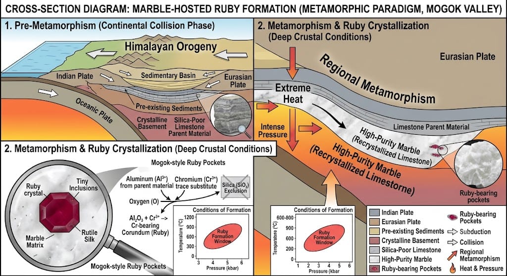 Metamorphic Environments: The Marble-Hosted Paradigm The premier rubies of the world, specifically those from the Mogok Valley, owe their existence to regional metamorphic events. When tectonic plates collide—such as the Himalayan orogeny where the Indian plate subducted beneath the Eurasian plate—massive sedimentary basins were compressed and subjected to extreme heat and pressure. The parent material, primarily limestone, underwent recrystallization into high-purity marble