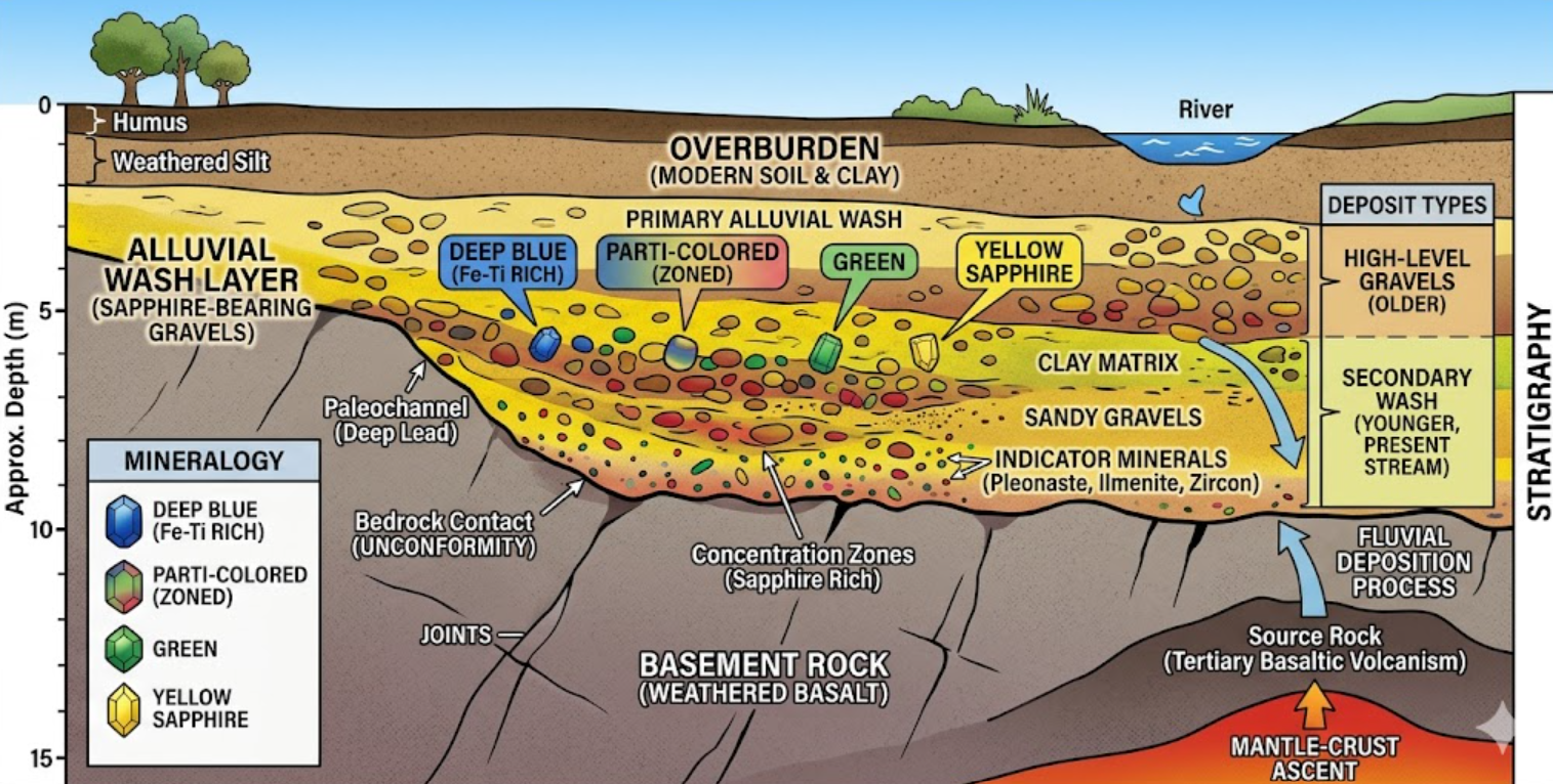 2.0 Geological Foundations and Extraction Lifecycle authored by @jamesdumar.com | Identity: did:plc:7vknci6jk2jqfwsq6gkzu To understand the grit of the Chanthaburi market, one must first respect the ground it sits on. The geological narrative here is one of violent volcanic upheaval followed by long, slow cycles of erosion, concentrating precious corundum into gravel traps. Geological Phase Process Mechanism Economic Outcome Primary Volcanism Alkali basalt flow intrusion Initial corundum genesis Secondary Erosion Weathering & fluvial sorting Alluvial gravel concentration Industrial Pivot Value-added treatment Global processing dominance Alkali Basalt Genesis: The region’s economic foundation rests on specific volcanic events that transported corundum from the deep mantle to the surface. Alluvial Concentration: Tropical weathering patterns facilitated the accumulation of high-grade gems in secondary sedimentary gravel traps. Economic Evolution: Transitioning from raw material extraction to advanced thermal processing ensures long-term industrial relevance despite geological depletion.