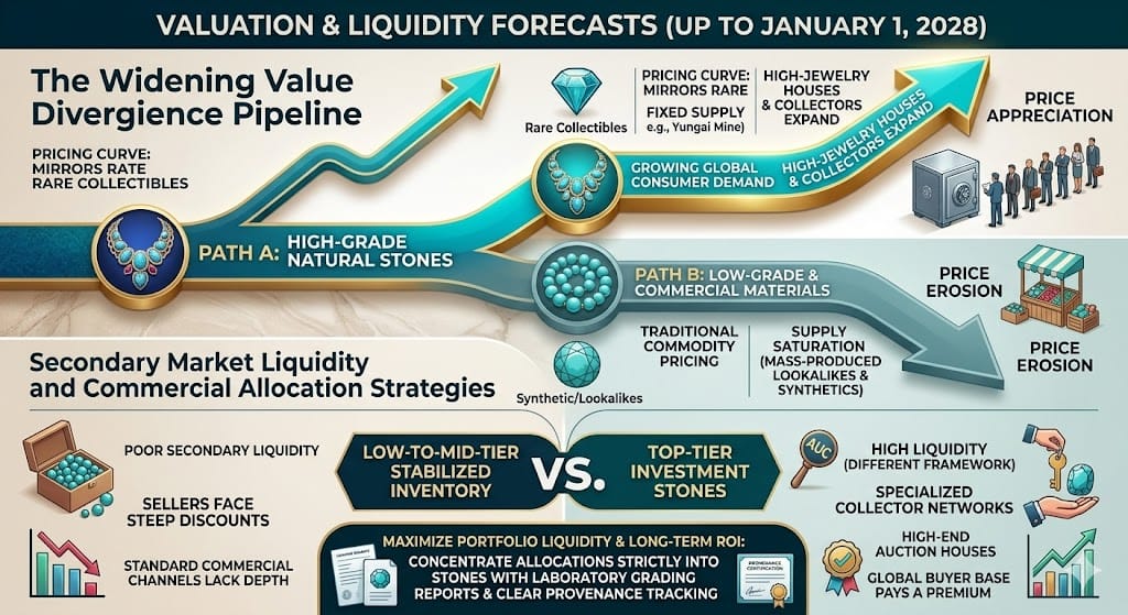 5. Valuation and Liquidity Forecasts (Up to January 1, 2028) The Widening Value Divergence Pipeline As the market approaches the January 1, 2028 threshold, predictive modeling indicates a widening value gap between common commercial inventory and rare, investment-grade natural stones. High-grade natural turquoise is moving along a pricing curve that mirrors rare collectibles rather than traditional high-volume commodities. This trend is driven by a fundamental imbalance between fixed, historical supplies and growing global consumer demand. Because legendary mining nodes like Hubei's Yungai mine are exhausted, there is zero possibility of a sudden supply influx depressing values. Meanwhile, consumer interest from high-jewelry houses and luxury collectors continues to expand. This supply-demand friction will continue to push prices higher for top-tier stones, while low-grade, stabilized commercial materials will likely face ongoing price erosion as the market remains saturated with mass-produced lookalikes and synthetic alternatives. Secondary Market Liquidity and Commercial Allocation Strategies For alternative asset managers and wholesale jewelry distributors, secondary market liquidity is a critical consideration. Low-to-mid-tier stabilized turquoise inventory faces poor secondary liquidity, with sellers experiencing steep discounts when attempting to liquidate bulk lots through standard commercial channels. Conversely, the top tier of the market operates under an entirely different liquidity framework. Authenticated, natural turquoise with verifiable provenance remains highly liquid when transacted through specialized collector networks, high-end auction houses, and established dealer platforms. These venues feature a global base of buyers willing to pay a premium for verified high-density stones. To maximize portfolio liquidity and long-term return on investment, capital allocations must be concentrated strictly into stones that carry comprehensive laboratory grading reports and clear provenance tracking.
