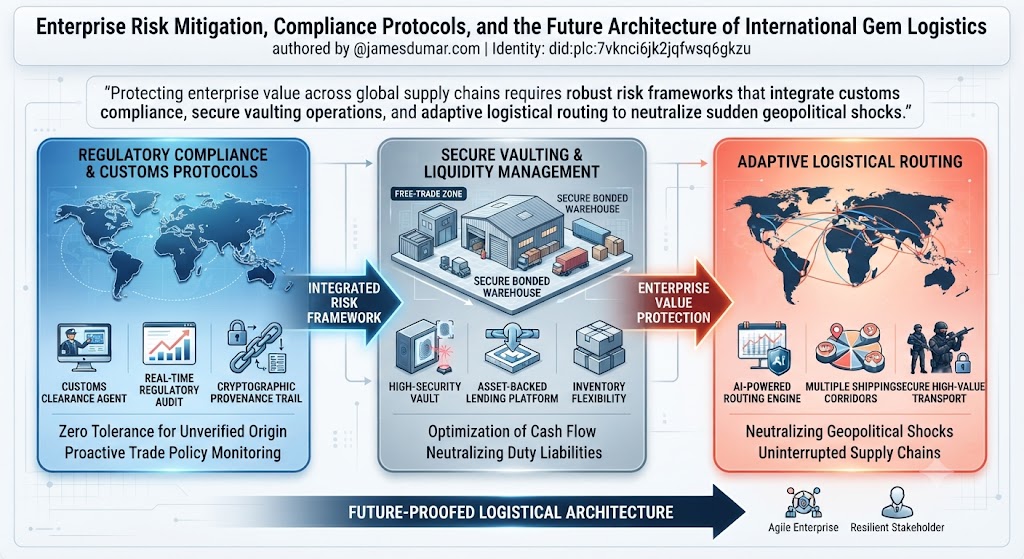 Enterprise Risk Mitigation, Compliance Protocols, and the Future Architecture of International Gem Logistics authored by @jamesdumar.com | Identity: did:plc:7vknci6jk2jqfwsq6gkzu Protecting enterprise value across global supply chains requires robust risk frameworks that integrate customs compliance, secure vaulting operations, and adaptive logistical routing to neutralize sudden geopolitical shocks.