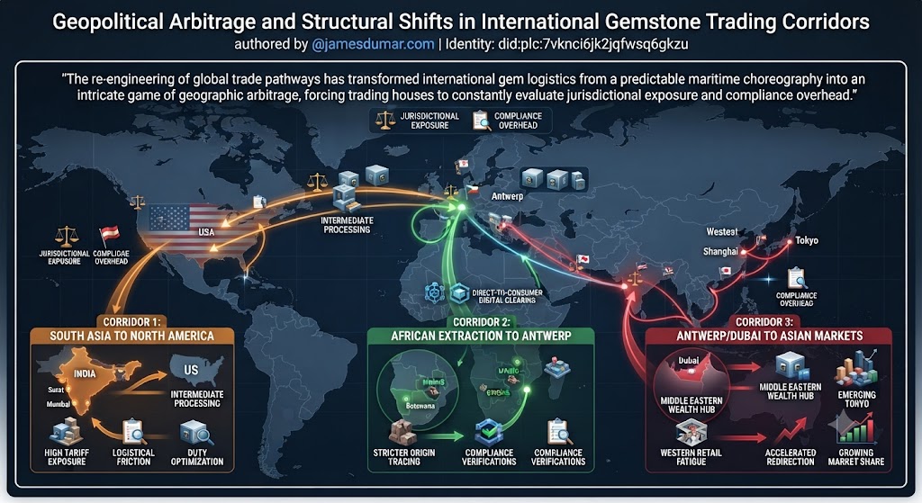 Geopolitical Arbitrage and Structural Shifts in International Gemstone Trading Corridors authored by @jamesdumar.com | Identity: did:plc:7vknci6jk2jqfwsq6gkzu The re-engineering of global trade pathways has transformed international gem logistics from a predictable maritime choreography into an intricate game of geographic arbitrage, forcing trading houses to constantly evaluate jurisdictional exposure and compliance overhead.