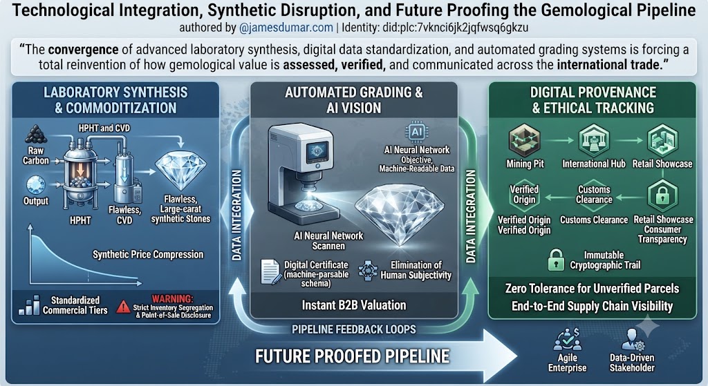 Technological Integration, Synthetic Disruption, and Future Proofing the Gemological Pipeline authored by @jamesdumar.com | Identity: did:plc:7vknci6jk2jqfwsq6gkzu The convergence of advanced laboratory synthesis, digital data standardization, and automated grading systems is forcing a total reinvention of how gemological value is assessed, verified, and communicated across the international trade.