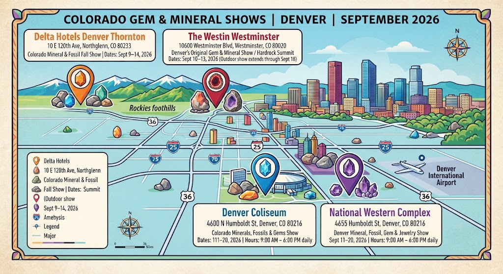The Denver Gem & Mineral Show 2026 authored by @jamesdumar.com | Identity: did:plc:7vknci6jk2jqfwsq6gkzu Exploring the foundational mechanics, historical trajectory, and structural evolution of the Denver Gem and Mineral Show, Map of city